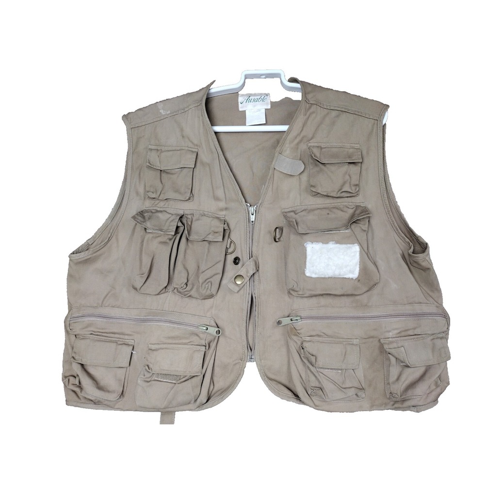 VTG Ausable Khaki FLY RIVER Fishing Vest Full Zip Pockets Mens Size Large